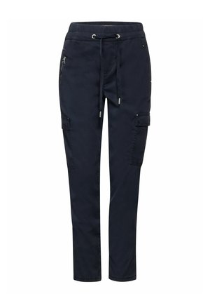 Navy blue cargo pants with elastic waistband, drawstring, zippered side pocket, and flap pockets on thighs.