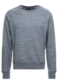 Crewneck sweatshirt in een gemêleerd blauwe stof. Geribde manchetten en zoom, met een eenvoudig ontwerp en geen zichtbare patronen of graphics.