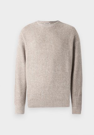 Beige textured sweater with vertical stripes, round neckline, and long sleeves. Ribbed cuffs and bottom hem enhance the design.