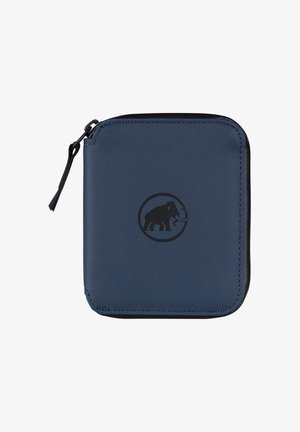 Portafoglio blu navy con zip realizzato in tessuto testurizzato, caratterizzato da un logo di elefante nero in un design circolare. Bordo nero e tirazip.
