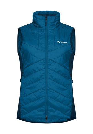 Blue insulated vest with a high collar, chevron quilted design, side pockets, and contrast dark side panels. Brand logo on the front.