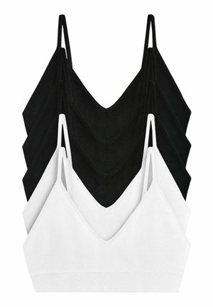 Pile de cinq hauts bralette sans coutures avec fines bretelles, trois noirs et deux blancs, disposés verticalement sur un fond blanc.