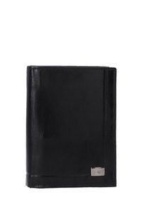 Black leather wallet with a smooth texture, featuring a minimalist design, silver hardware accent, and a single card slot on the side.