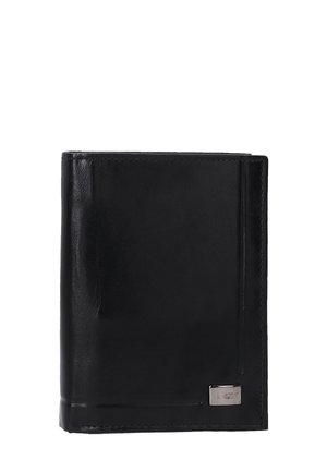 Black leather wallet with a smooth texture, featuring a minimalist design, silver hardware accent, and a single card slot on the side.