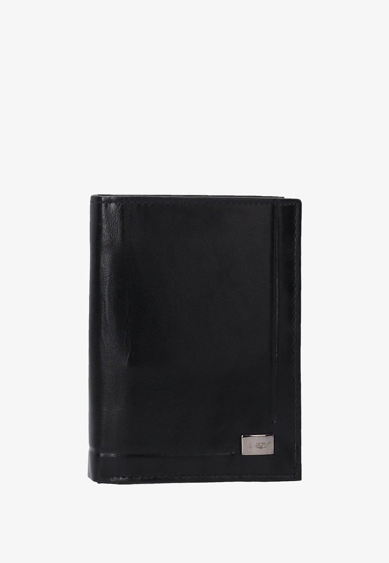 Black leather wallet with a smooth texture, featuring a minimalist design, silver hardware accent, and a single card slot on the side.