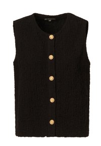 Zwarte mouwloze vest met een gestructureerde stof, gouden knopen aan de voorkant en een ronde halslijn. Eenvoudig ontwerp zonder aanvullende versieringen.