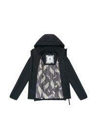 Veste noire avec capuche, dotée d'une doublure grise à motifs avec des designs géométriques. Conçue en matériau léger et résistant à l'eau.
