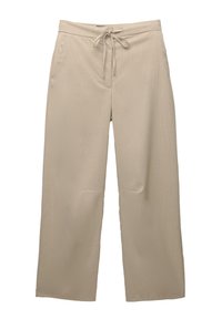 Pantalons beiges à jambes larges avec un motif texturé en relief. Dotés d'une taille à cordon de serrage et de deux poches avant. Fini en tissu lisse.