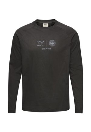 Black long-sleeve shirt with a crew neck. Features “HALO” and “DBU” logos and “OFF PITCH” text printed in contrasting white. Soft texture.
