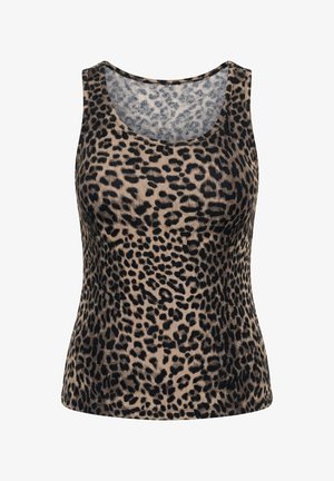 Débardeur en maille côtelée sans manches avec un motif léopard beige et noir et un col rond.