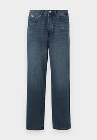 Dark blue denim jeans with a straight fit, five pockets, belt loops, and a zipper fly. Smooth texture with subtle fading details.