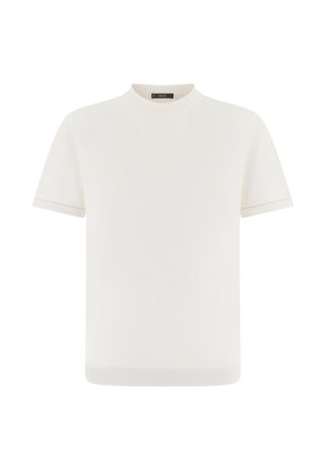 Biały, krótki rękaw, dzianinowy sweter z okrągłym dekoltem, ze ściągaczem na kołnierzu i mankietach, przedstawiony na jednolitym białym tle.