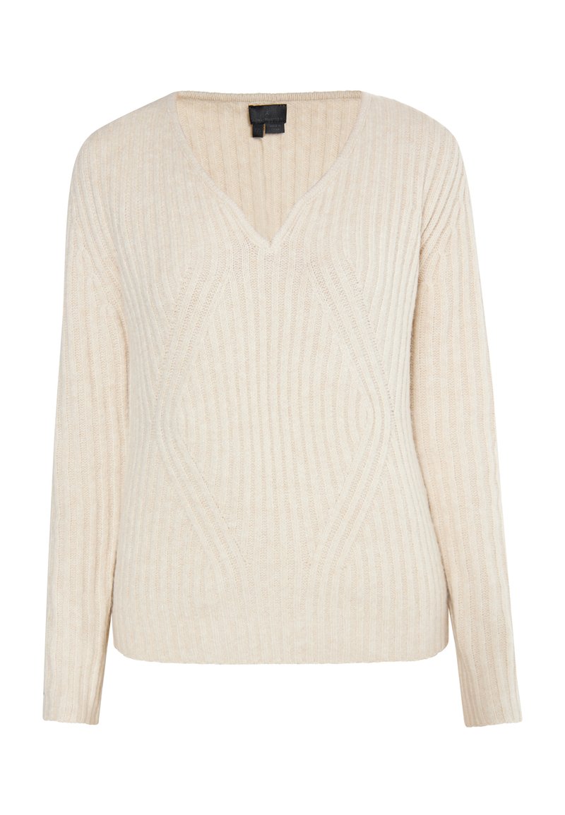 Cremfarbener V-Ausschnitt-Pullover mit gerippter Textur und Rautenmustern. Lange Ärmel und gerade Passform. Weicher, leichter Stoff.