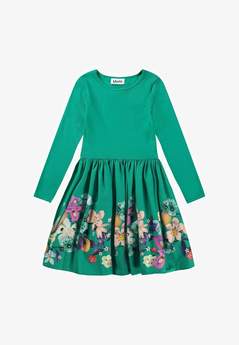 Långärmad grön klänning med en figurnära överdel och en utsvängd kjol, med ett färgglatt blommönster vid fållen. Tyget ser slätt och mjukt ut.