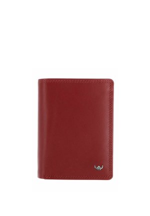 Red leather bifold wallet with visible stitching and small silver logo in the lower right corner on a white background.