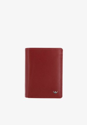 Portefeuille bifold en cuir rouge avec coutures visibles et petit logo argenté dans le coin inférieur droit sur fond blanc.