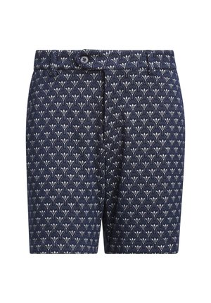 Shorts bleu marine avec motif répétitif de logo trèfle blanc, fermeture par bouton et poches latérales.