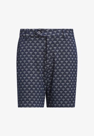 Tumesinised lühikesed püksid valge kolmekaarelogo korduvmustriga, nööpkinnituse ja küljetaskutega.