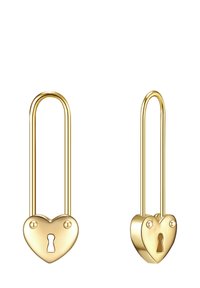 Candados dorados en forma de corazón con un diseño de llave, con bucles alargados. Textura suave y acabado brillante, dos candados en posiciones variables.