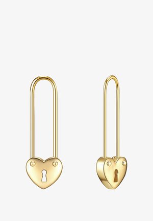 Cadenas en forme de cœur en or avec un design de trou de serrure, dotées de boucles allongées. Texture lisse et finition brillante, deux cadenas dans des positions variées.