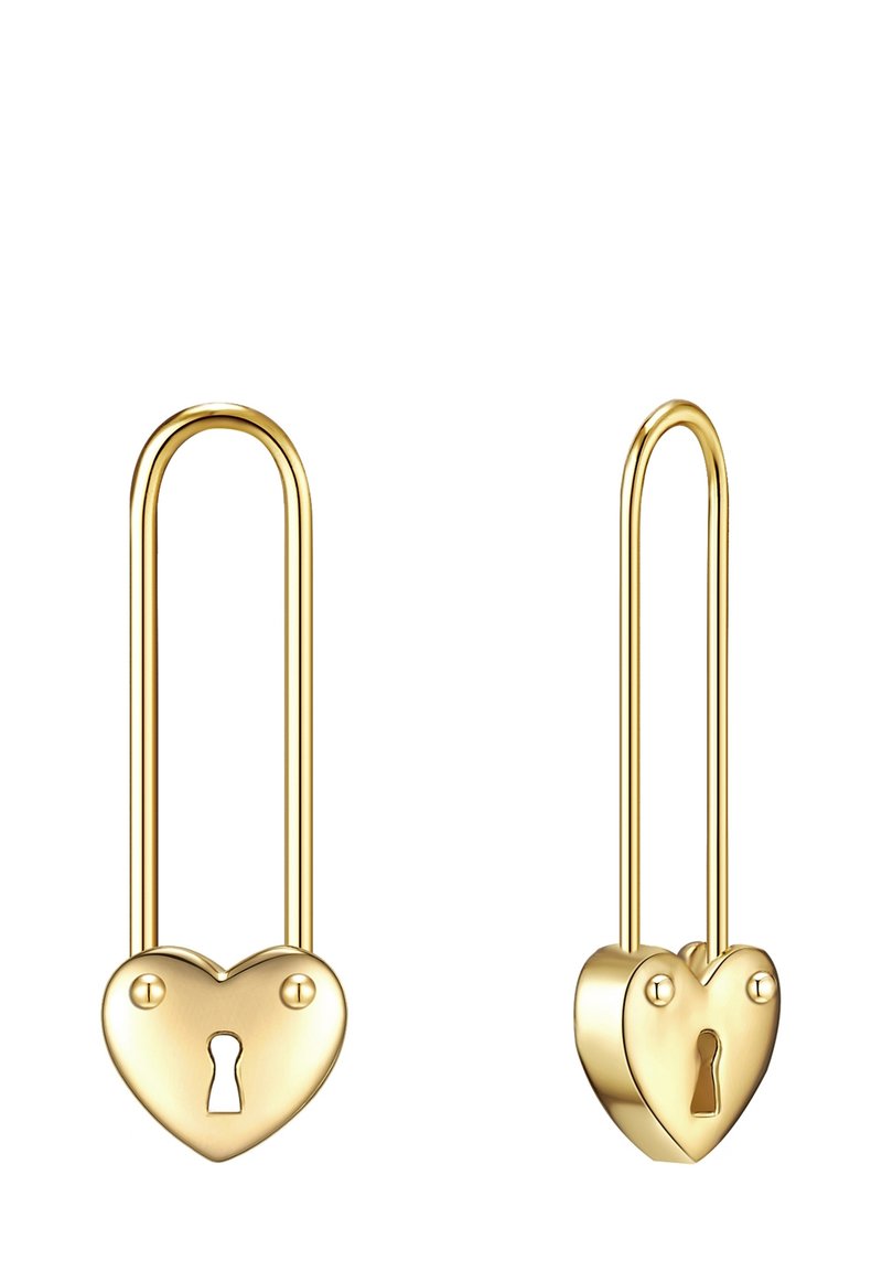 Candados dorados en forma de corazón con un diseño de llave, con bucles alargados. Textura suave y acabado brillante, dos candados en posiciones variables.