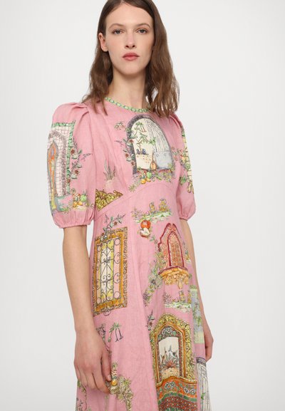 Pink dress featuring puffed sleeves and intricate printed designs of windows, plants, and decorative elements in various colors.