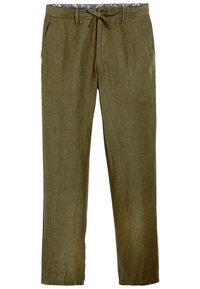 Pantalons décontractés vert olive avec taille à cordon, passants de ceinture, poches latérales et doublure intérieure à fleurs.