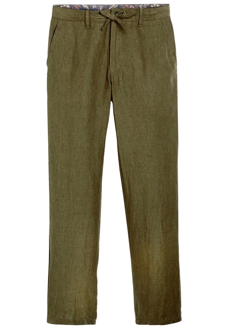 Pantalons décontractés vert olive avec taille à cordon, passants de ceinture, poches latérales et doublure intérieure à fleurs.