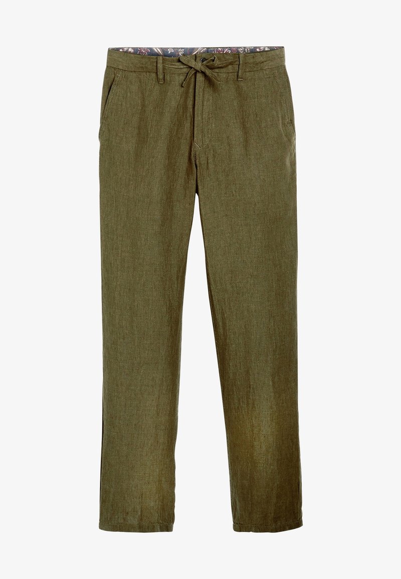 Pantalons décontractés vert olive avec taille à cordon, passants de ceinture, poches latérales et doublure intérieure à fleurs.