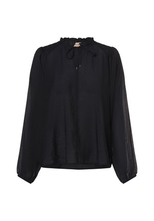 Zwarte blouse met lange mouwen, losse pasvorm, voorzien van een gerimpelde kraag en een kleine strik bij de hals, op een witte achtergrond.