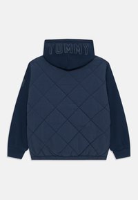 Tamsiai mėlynas siuvinėtas pūkų džinsinis švarkas su gobtuvu. Yra deimanto formų raštas, elastingi rankogaliai ir „TOMMY“ logotipas nugaros dalyje kontrastinga spalva.