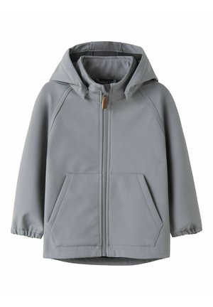 Hellgraue Kinder-Kapuzensjacke mit durchgehendem Reißverschluss, zwei großen schrägen Taschen, elastischen Bündchen und weicher Stoffstruktur.