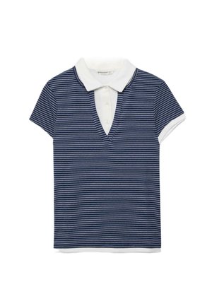 Granatowo-biała, krótkim rękawem polo koszulka w paski z białym kołnierzykiem i zapinanym na guziki klinem.