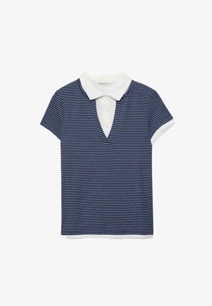 Polo à manches courtes rayé bleu marine et blanc avec un col blanc et une patte de boutonnage.