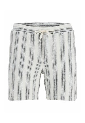 Weiße Strickshorts mit vertikalen schwarzen Streifen und einem gebundenen Kordelzug am Bund, präsentiert vor weißem Hintergrund.