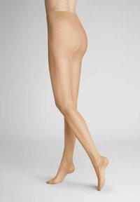 Durchsichtige beigefarbene Strumpfhosen mit glattem Texture, nahtlosem Bund und einer engen Passform, die die Beine betont. Ideal für legere oder formelle Anlässe.