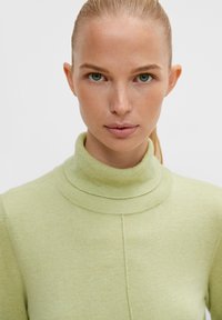 Light green turtleneck sweater, ribbed collar, slim fit, soft texture, featuring clean lines and minimal detailing on the front.