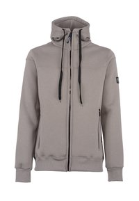 Felpa grigia chiara con zip e colletto alto, cordini neri a contrasto, tasche laterali e polsini e orlo a coste.