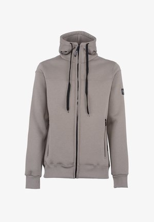 Jasnoszara bluza z kapturem na zamek z wysokim kołnierzem, kontrastowymi czarnymi sznurkami ściągającymi, bocznymi kieszeniami oraz ściągaczami przy mankietach i u dołu.