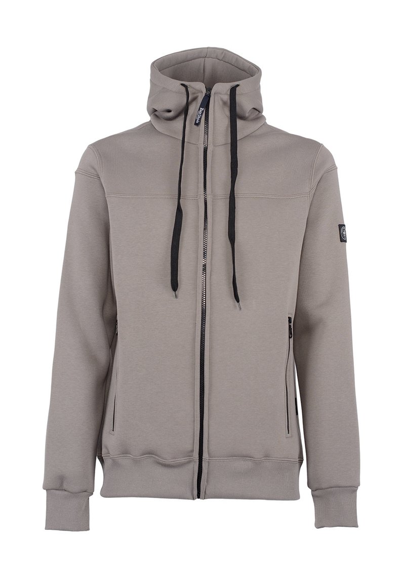 Felpa grigia chiara con zip e colletto alto, cordini neri a contrasto, tasche laterali e polsini e orlo a coste.
