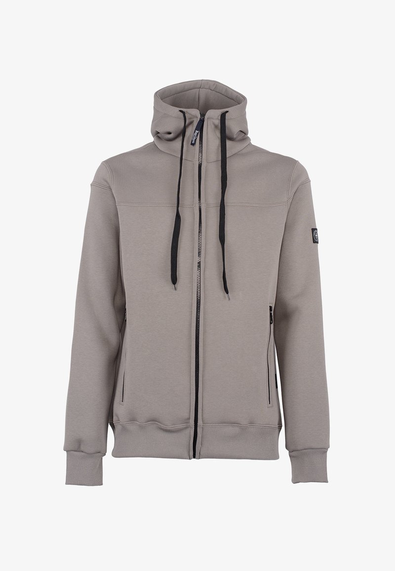Lichtgrijze rits hoodie met een hoge kraag, contrasterende zwarte trekkoorden, zijzakken en ribgebreide boorden en zoom.
