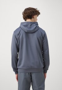 Grauer Hoodie mit einer Kordelzugkapuze, weichem Material und gerippten Bündchen. Das Design zeigt eine schlanke Silhouette und eine Rückansicht.