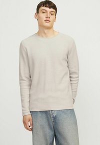 Hellgrau, strukturiertes Langarmshirt mit Rundhalsausschnitt, kombiniert mit hellblauen Jeans. Einfaches, lässiges Design.