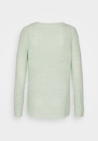 Světle mákově zelený pletený svetr s dlouhým rukávem zobrazený ze zadní strany, s kulatým výstřihem a žebrovanými manžetami a lemem.