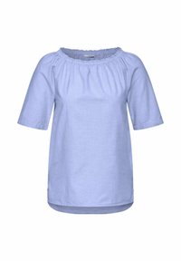 Helle blaue Bluse mit kurzen Ärmeln, gerafftem Ausschnitt und lockerem Schnitt. Weicher, glatter Stoff mit geradem Saum am Ende.