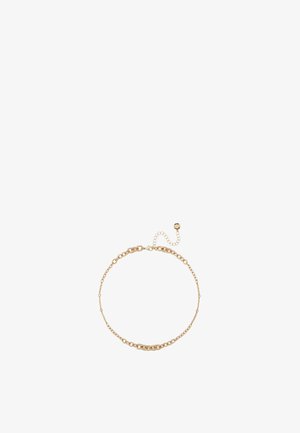 Bracelet doré avec un design en chaîne comportant des maillons alternés et un fermoir, terminé par une extension de chaîne réglable.