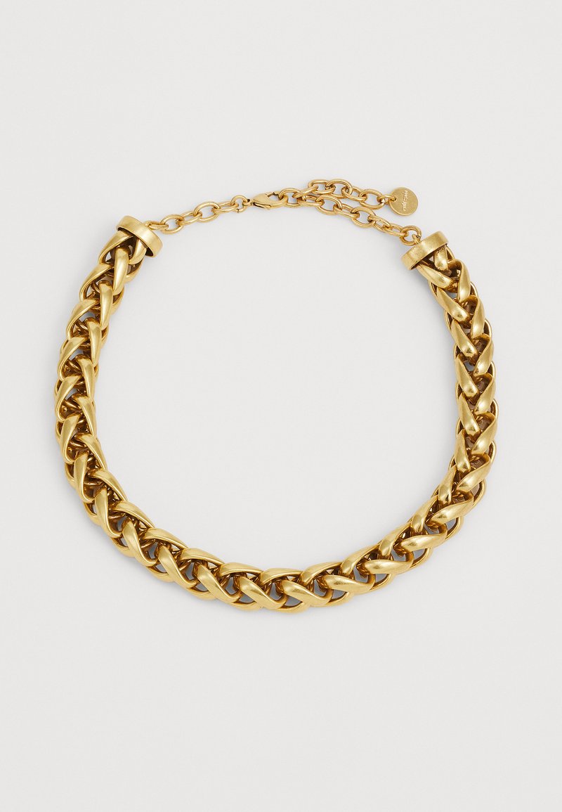 Gold chain necklace featuring large interlocking links, a smooth texture, and a clasp with a small decorative accent. Chain length adjustable.