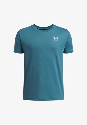 Türkisfarbenes kurzärmeliges Herren-Athletik-T-Shirt mit Rundhalsausschnitt und kleinem weißem Under Armour-Logo auf der linken Brustseite.