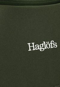Tessuto verde testurizzato con il logo "Haglöfs" ricamato in bianco leggermente inclinato sul lato in basso a destra.