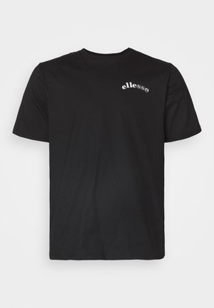 Camiseta de algodón negra con mangas cortas, con un sutil logo blanco de "ellesse" en el lado izquierdo del pecho. Diseño simple y clásico.